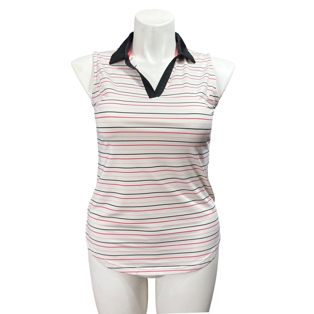FootJoy Womens Sleeveless Golf Polo Shirt White Red Black Striped Size M